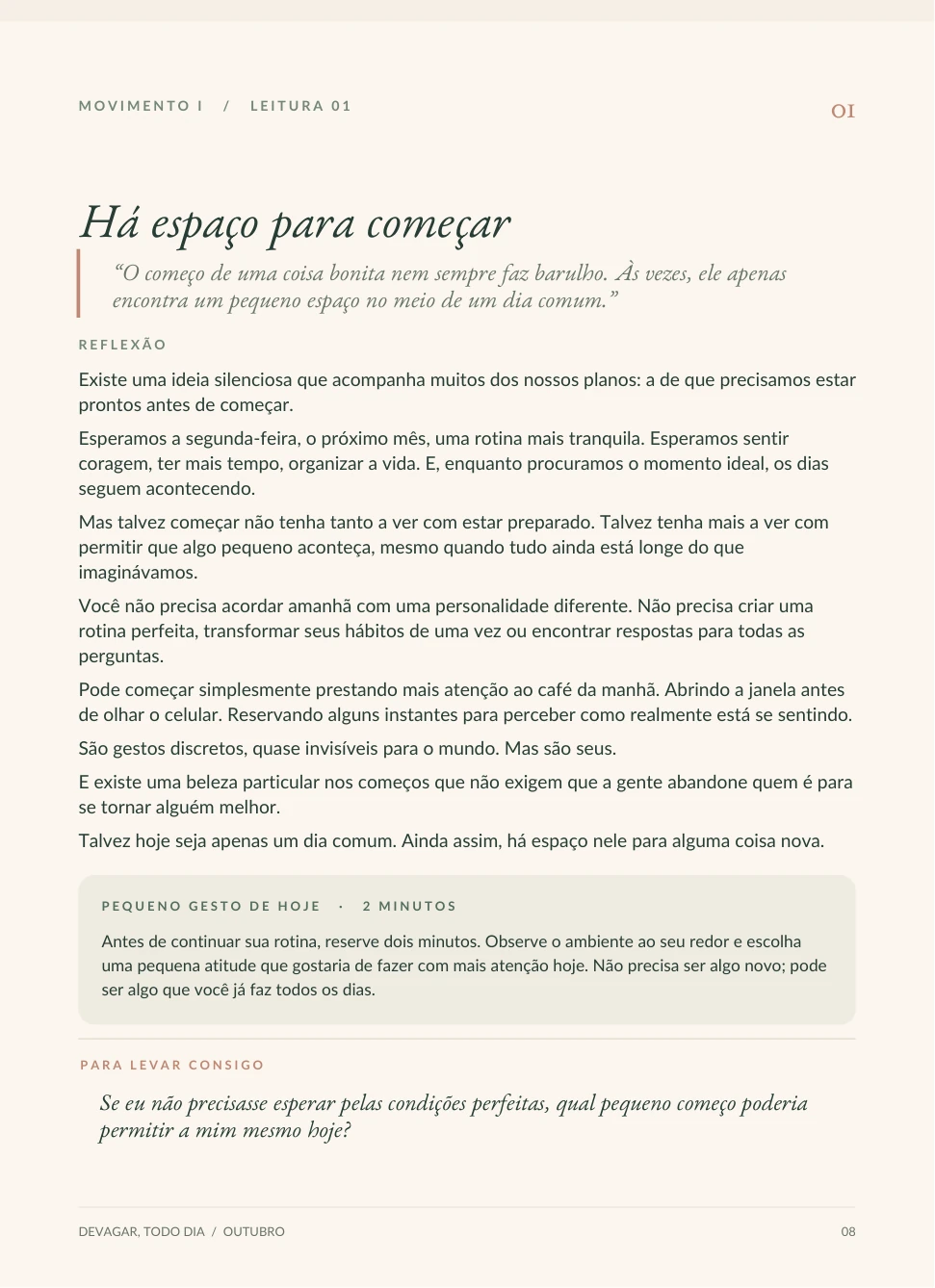 Página real do e-book: Dia 01, Há espaço para começar